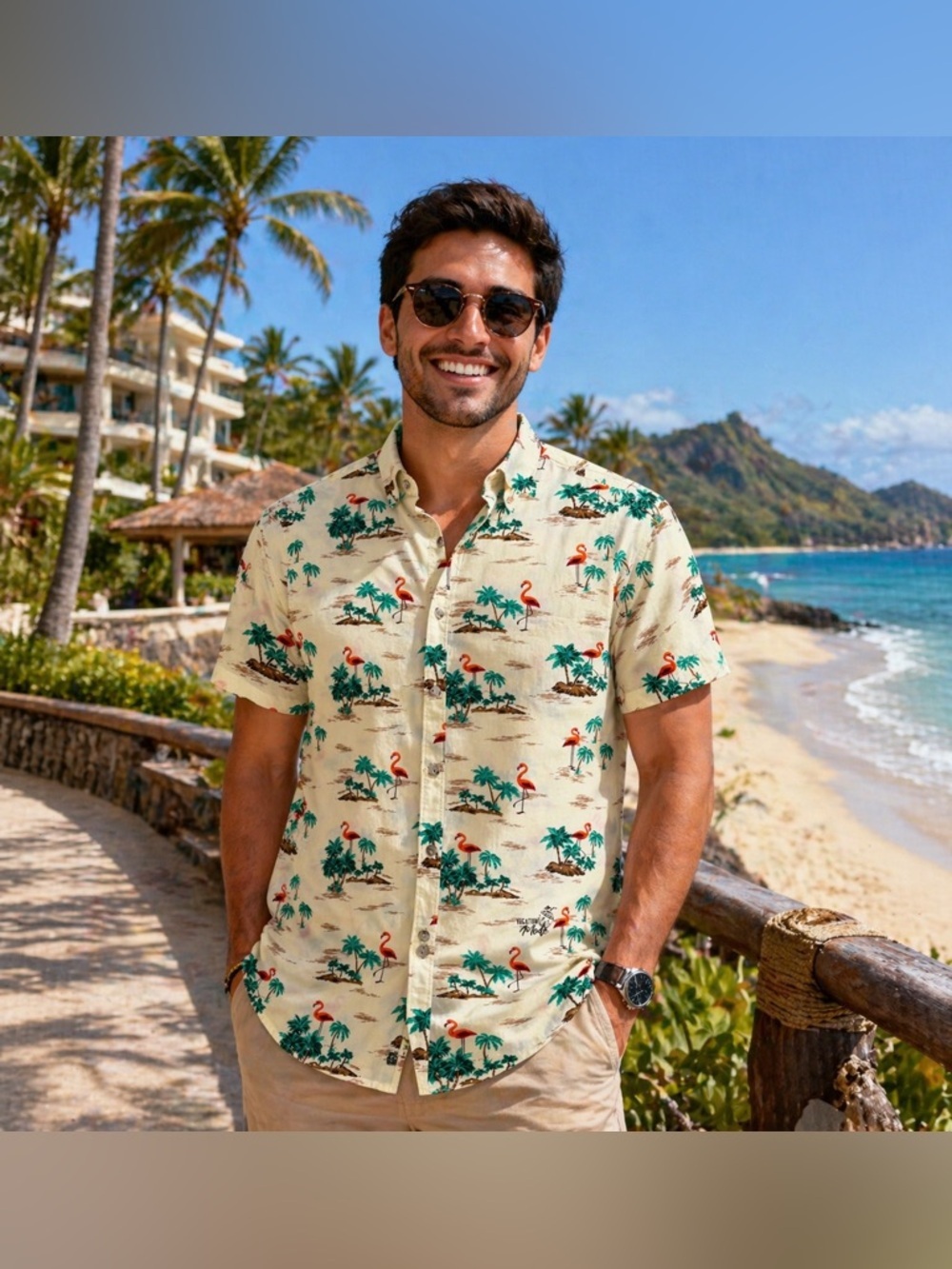 Denim & Flower Beige Tropical Flamingo Button-Down Shirt